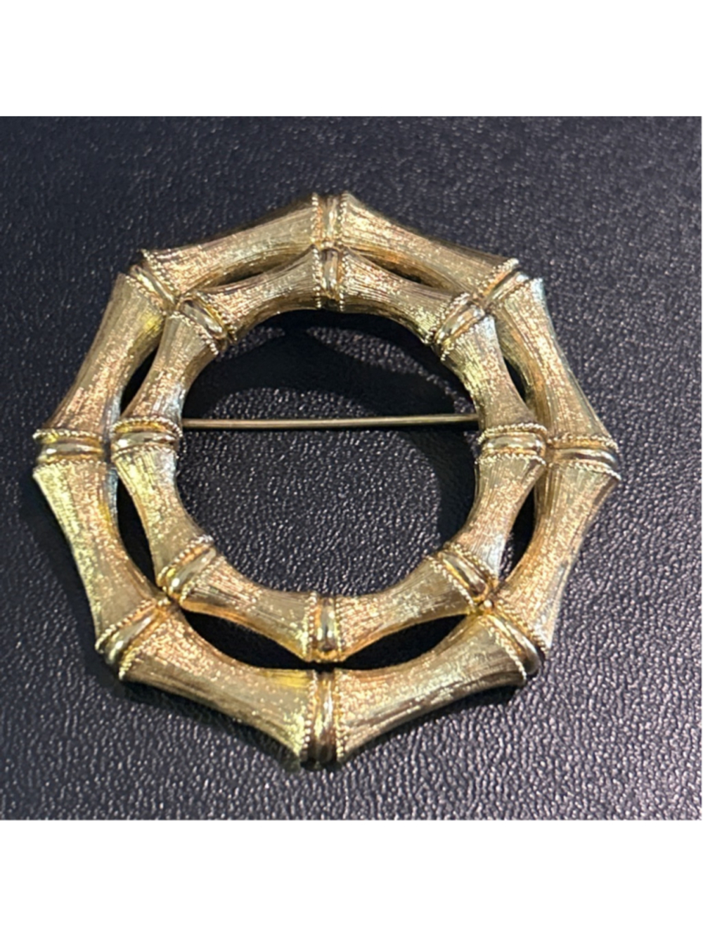 Vintage Monet Bamboo Brooch, Bright Textured Goldtone, Asian Theme